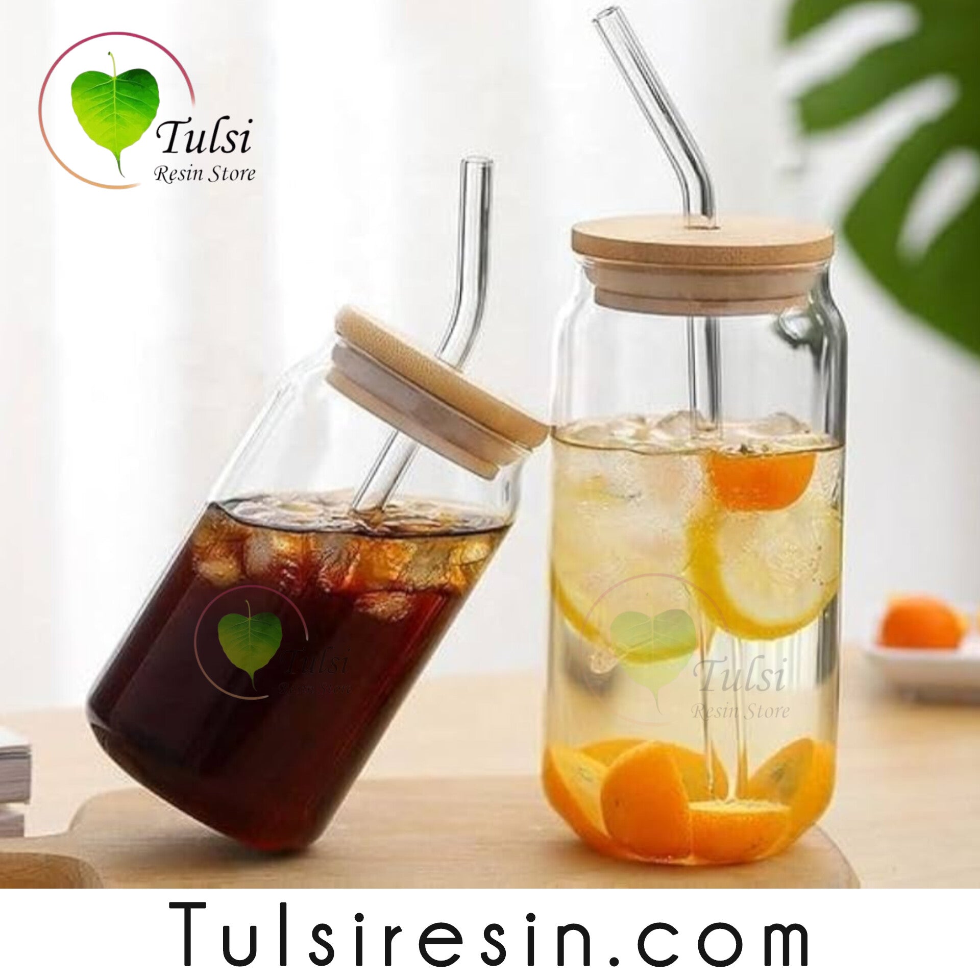Glass Tumbler with Straw Tulsi Resin Store