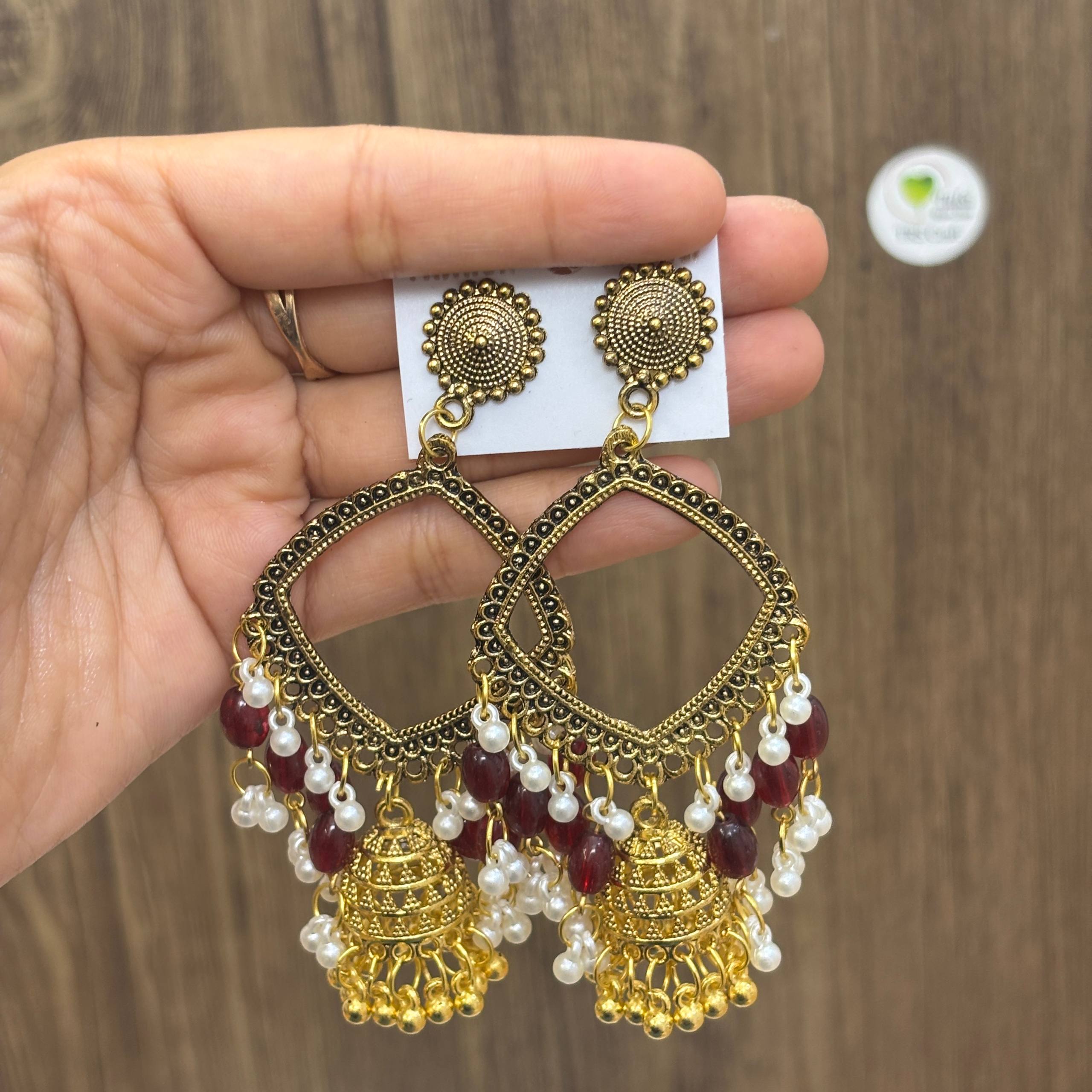 Earring Bazel / Jhumka - (L) Gold Maroon Tulsi Resin Store