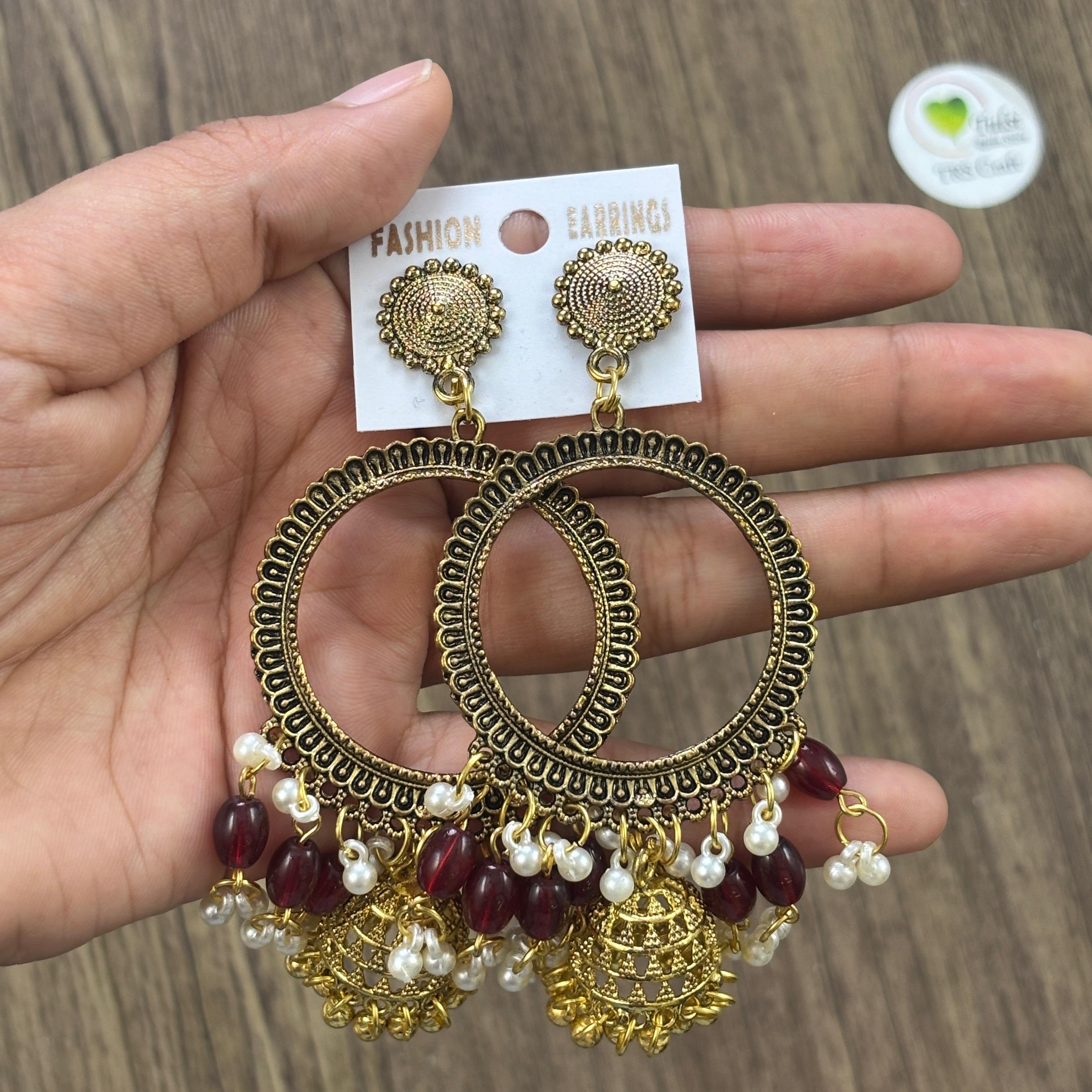 Earring Bazel / Jhumka - (K) Gold Maroon Tulsi Resin Store