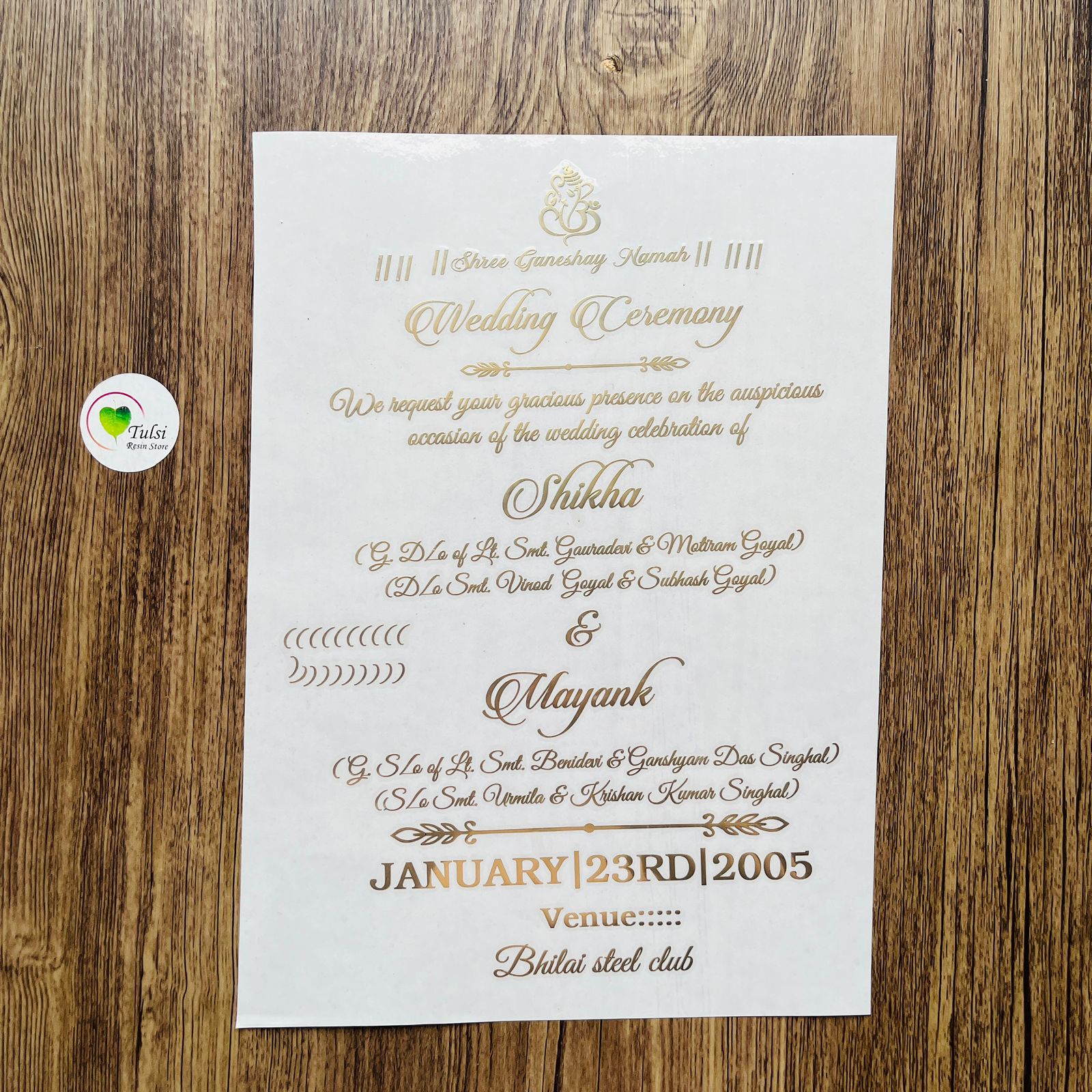 Custom Metal sticker- Wedding Invitation Tulsi Resin Store